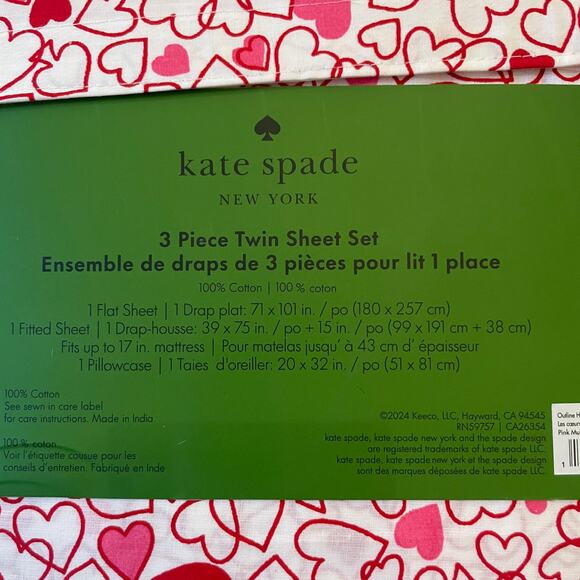 KATE SPADE Valentine's Day Pink Red Outline Hearts TWIN Cotton Sheet Set New - Picture 9 of 11